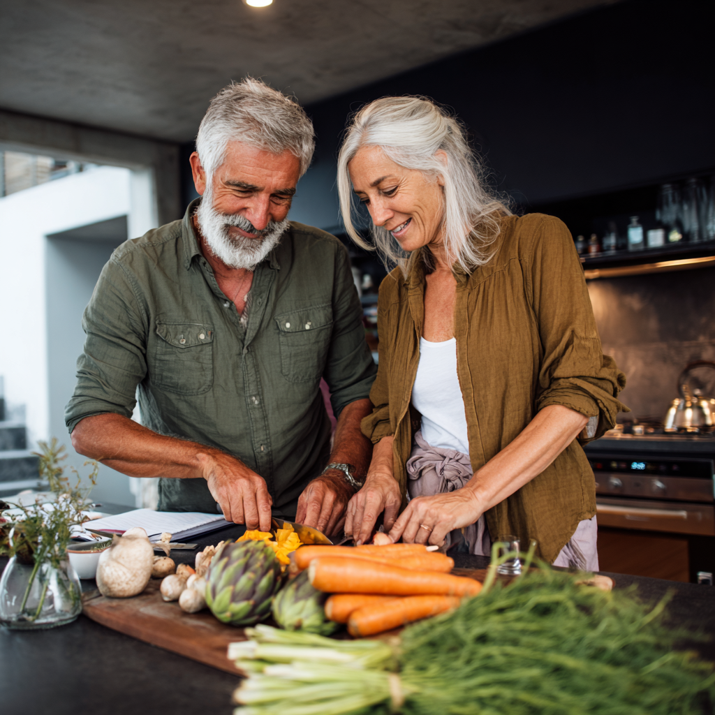 Happy couple in their 50s cooking together in a modern kitchen, preparing healthy vegetables and enjoying their meal planning routine