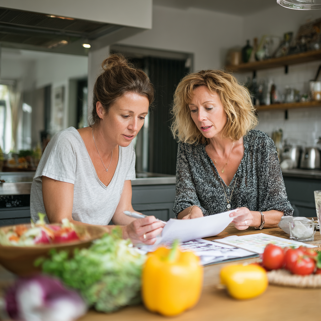 Professional nutritionist consulting with a middle-aged woman in her 40s at a modern kitchen, both looking at healthy meal planning materials on the table